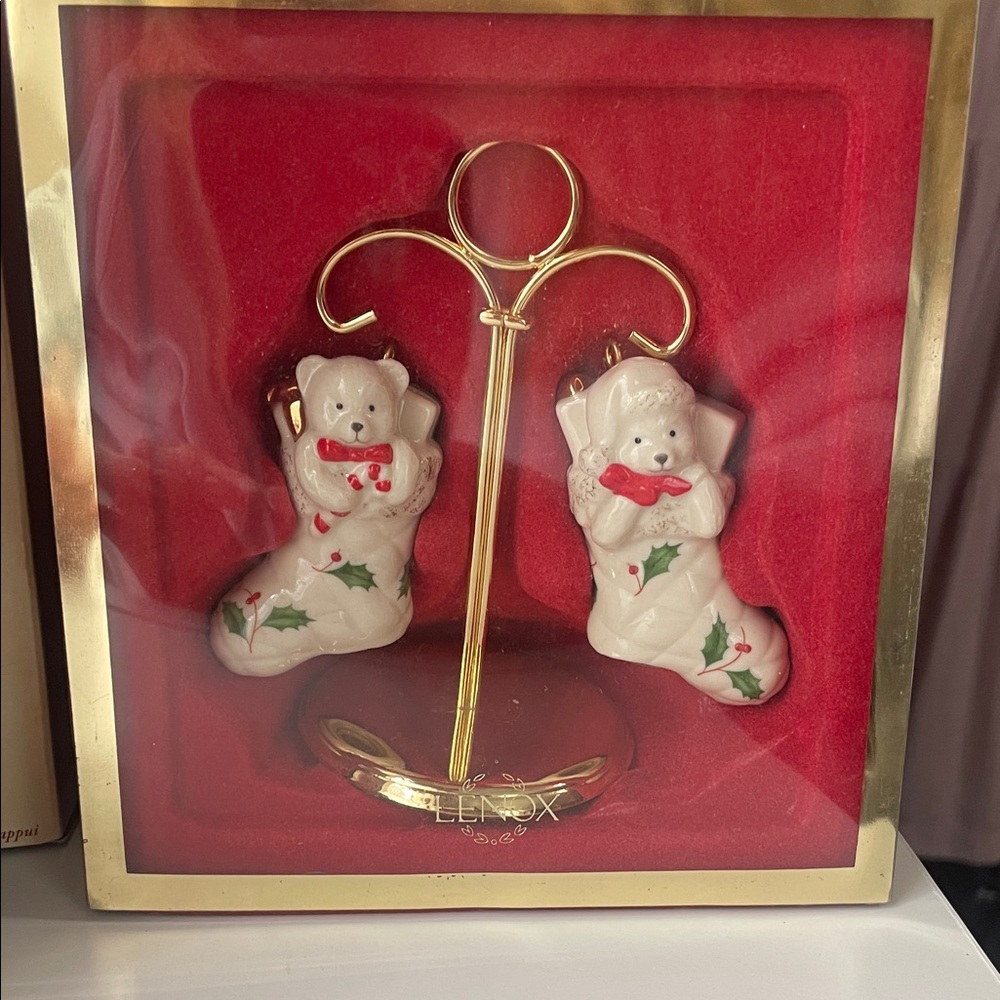 Vintage Lenox Festive Bear Stocking Salt and Pepper - Cream and Red